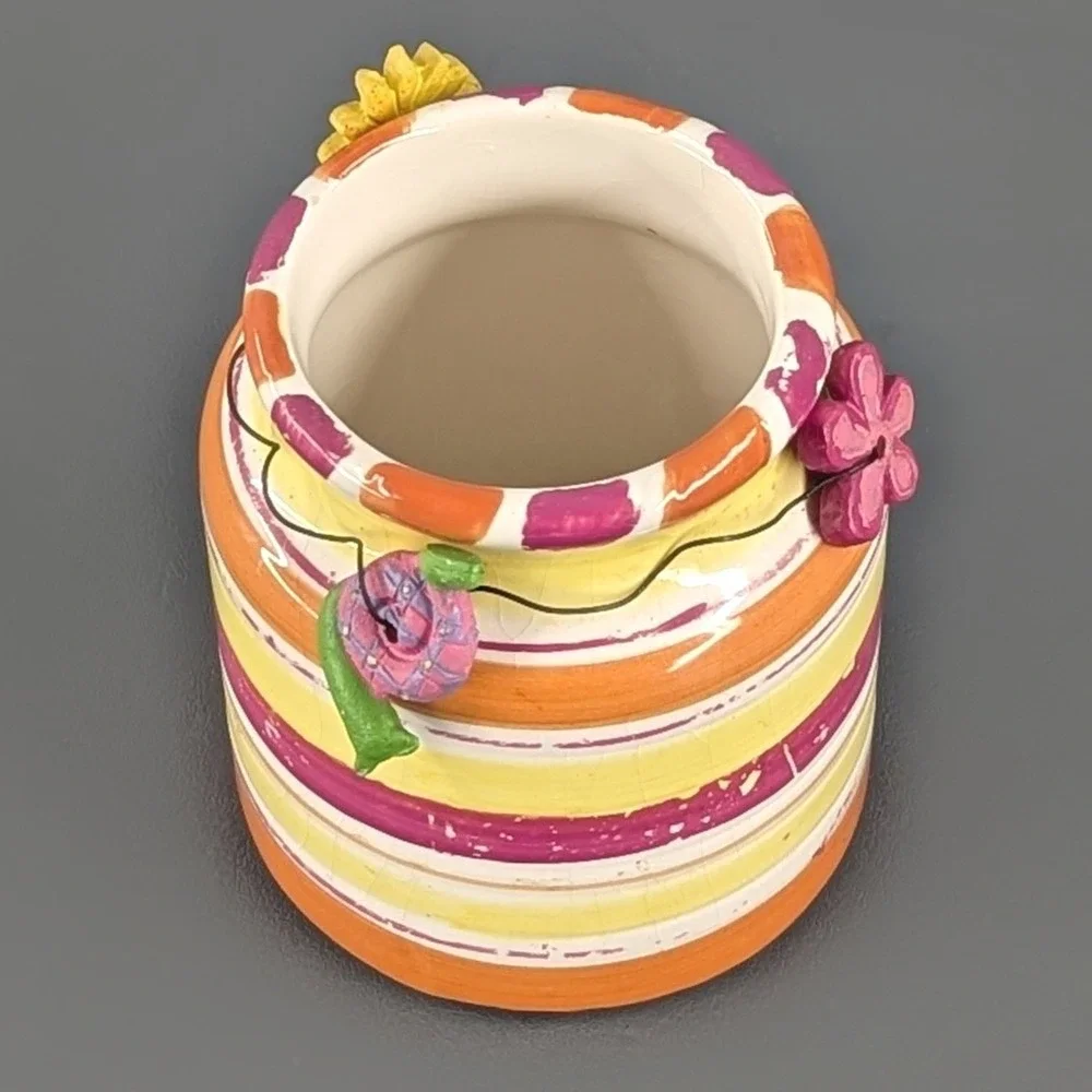 Hand Painted Ceramic Striped Flower Snail Jar Whimsical Boho Decor 4 Inch